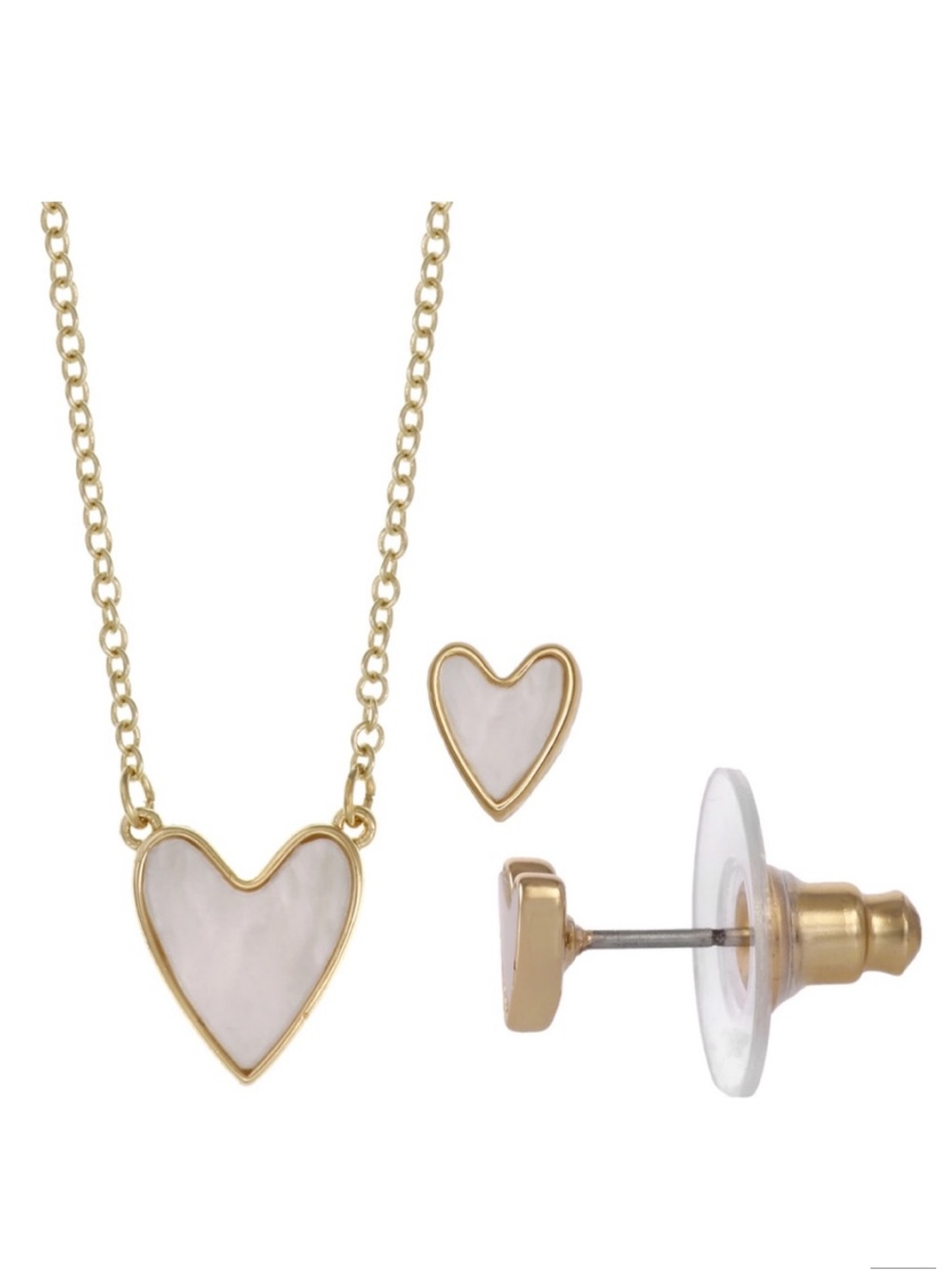 FAO Schwartz Mother of Pearl Heart Pendant and Earring Set Silver Plated